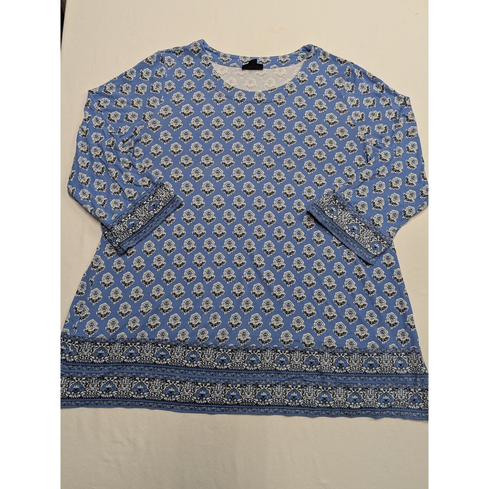 J. Jill Wearever Blue Floral Medallion Border Print Tunic Top Womens Medium